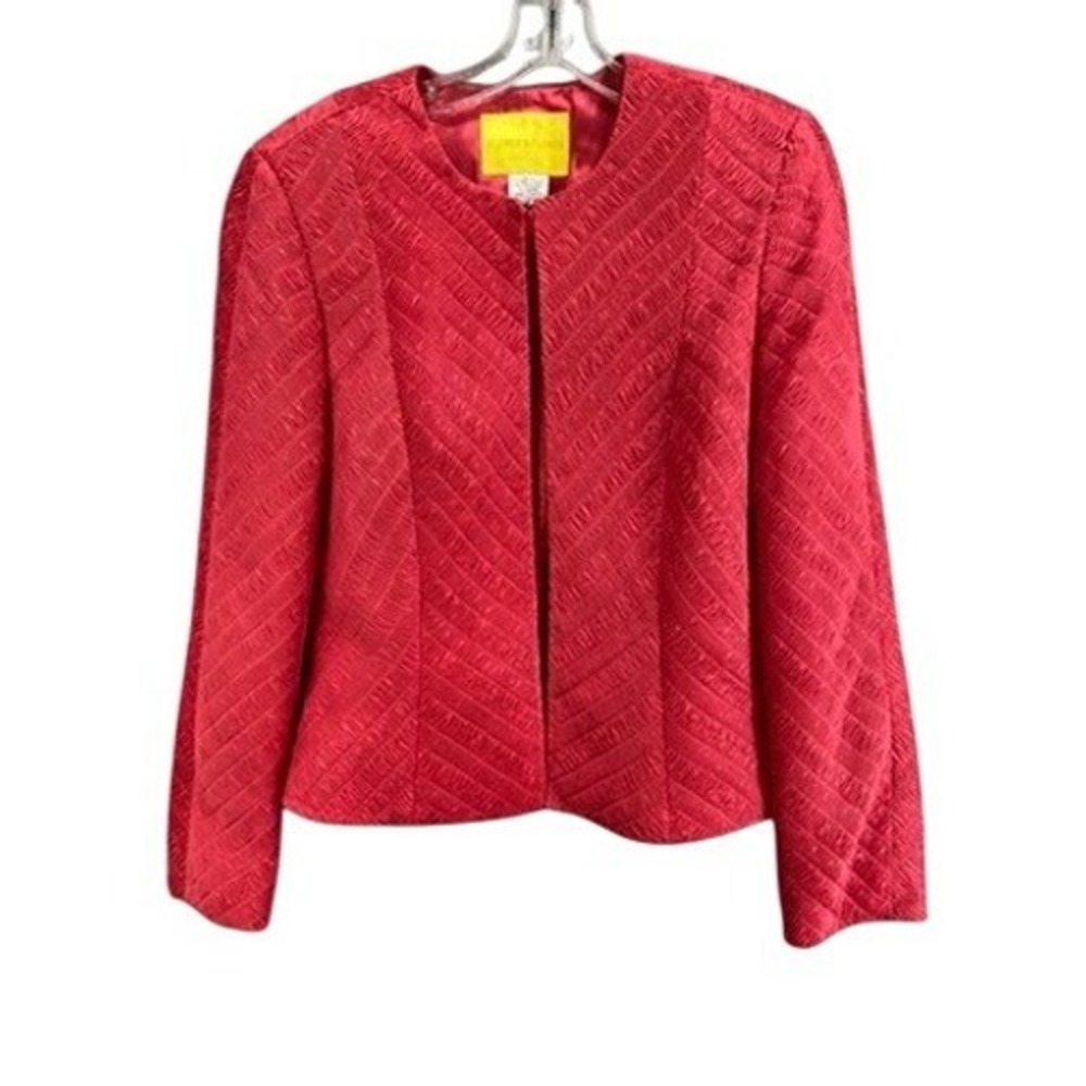 Flores & Flores Blazer Jacket Womens Sz 12 Red Textured Collarless Open Front